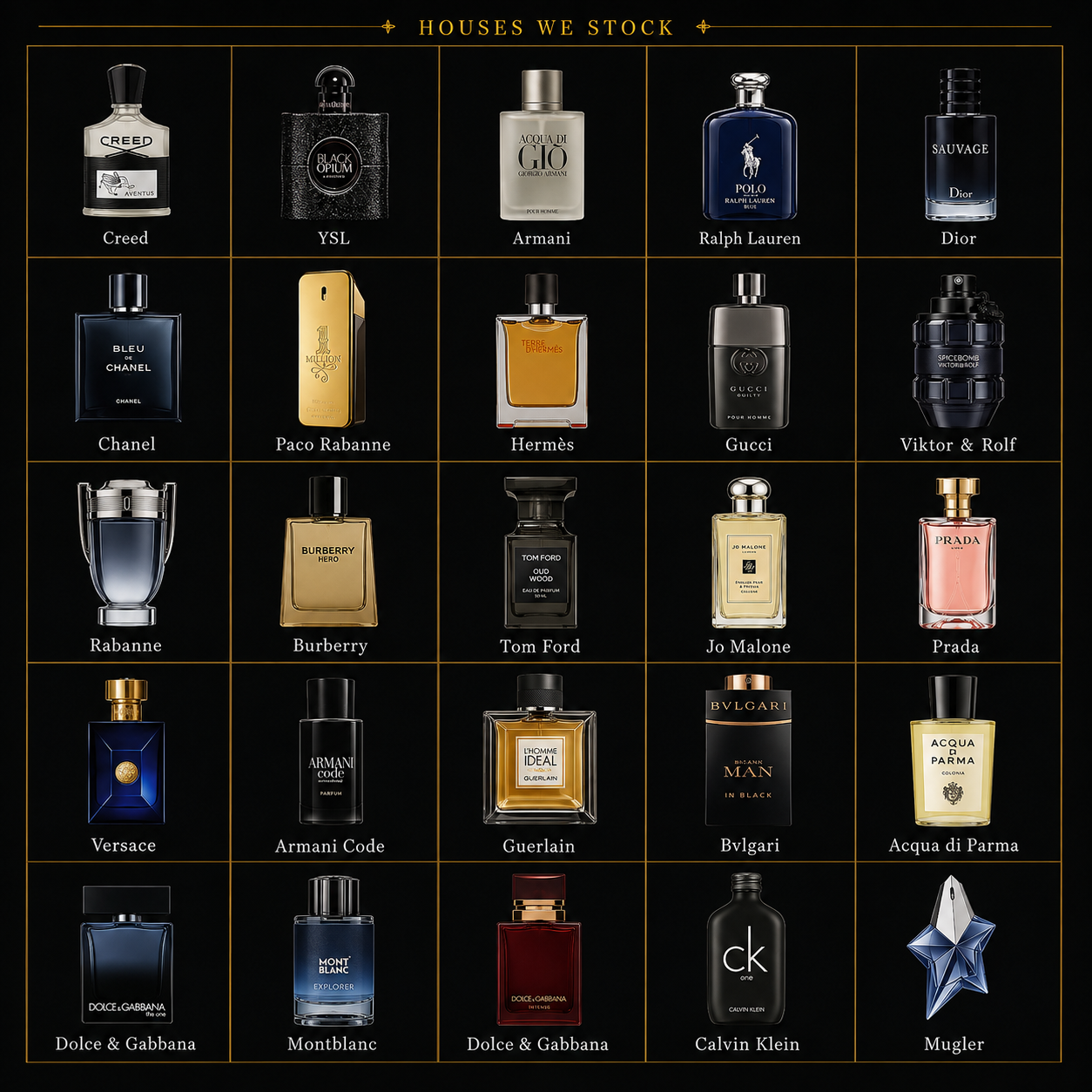 Infinity Perfumes — more houses: Creed Aventus, YSL Black Opium, Armani, Ralph Lauren, Dior Sauvage, Bleu de Chanel, Paco Rabanne, Hermès, Gucci, Viktor & Rolf, Rabanne, Burberry, Tom Ford, Jo Malone, Prada, Versace, Armani Code, Guerlain, Bvlgari, Acqua di Parma, Dolce & Gabbana, Montblanc, Calvin Klein, Mugler